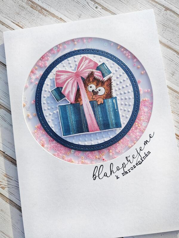 Přání ruční výroba - Kočička - shaker s korálky - 1 ks