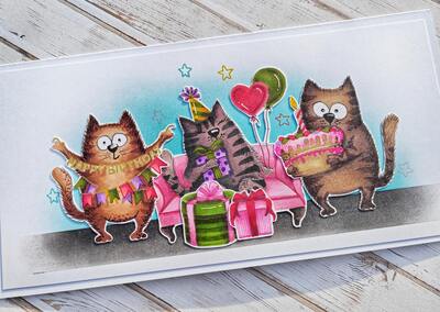 Přání ruční výroba - Kočičí párty - 1 ks