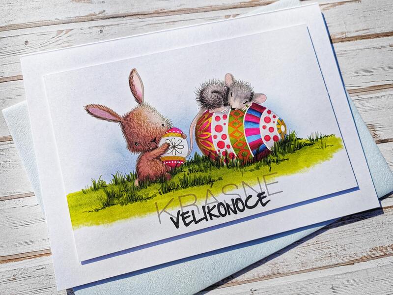 Přání ruční výroba - Zajíček s myškou - Krásné Velikonoce - 1 ks