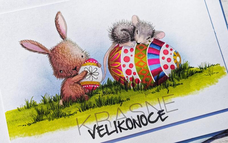 Přání ruční výroba - Zajíček s myškou - Krásné Velikonoce - 1 ks