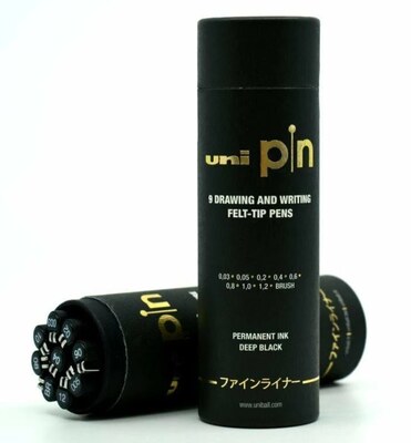 Černé popisovače UNI PIN v dárkové krabičce - sada 9 ks