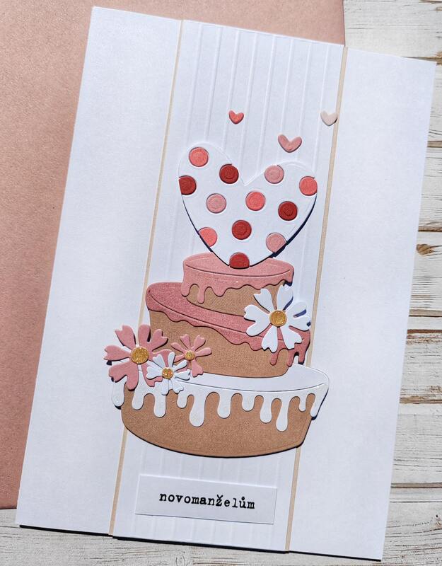 Přání ruční výroba - Dort a srdce - Novomanželům - 1 ks