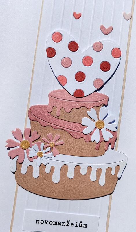 Přání ruční výroba - Dort a srdce - Novomanželům - 1 ks