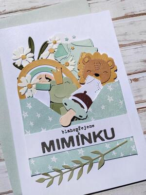 Přání ruční výroba - Blahopřejeme k miminku - barva mint - 1 ks