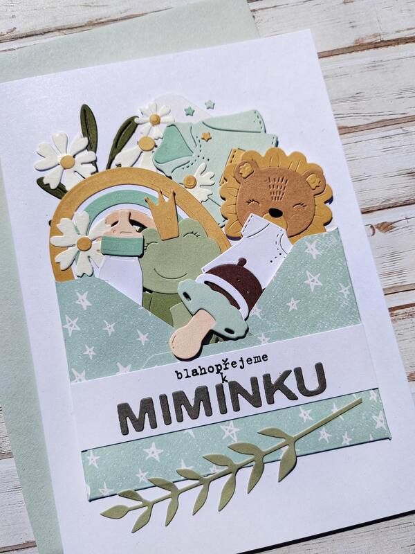 Přání ruční výroba - Blahopřejeme k miminku - barva mint - 1 ks