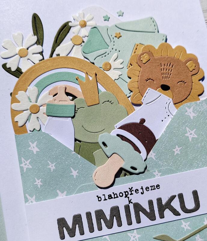 Přání ruční výroba - Blahopřejeme k miminku - barva mint - 1 ks