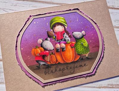 Přání ruční výroba - Holčička s myškami - 1 ks