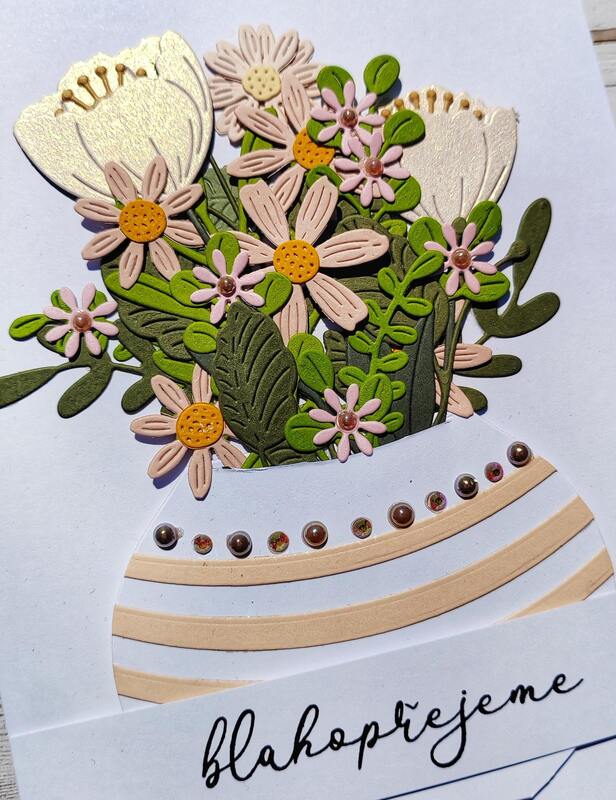 Přání ruční výroba - Květiny ve váze - 1 ks