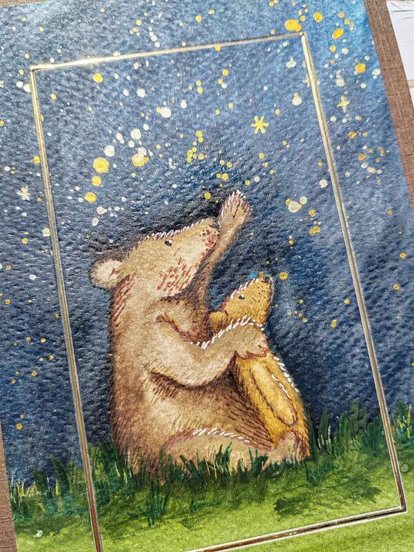 Přání ruční výroba - Medvídci s noční oblohou - 1 ks