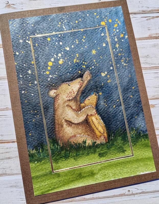 Přání ruční výroba - Medvídci s noční oblohou - 1 ks