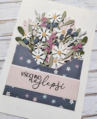 Přání ruční výroba - Květiny v obálce - pastelové - 1 ks