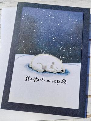 Přání ruční výroba - Lední medvěd spí - Šťastné a veselé - 1 ks