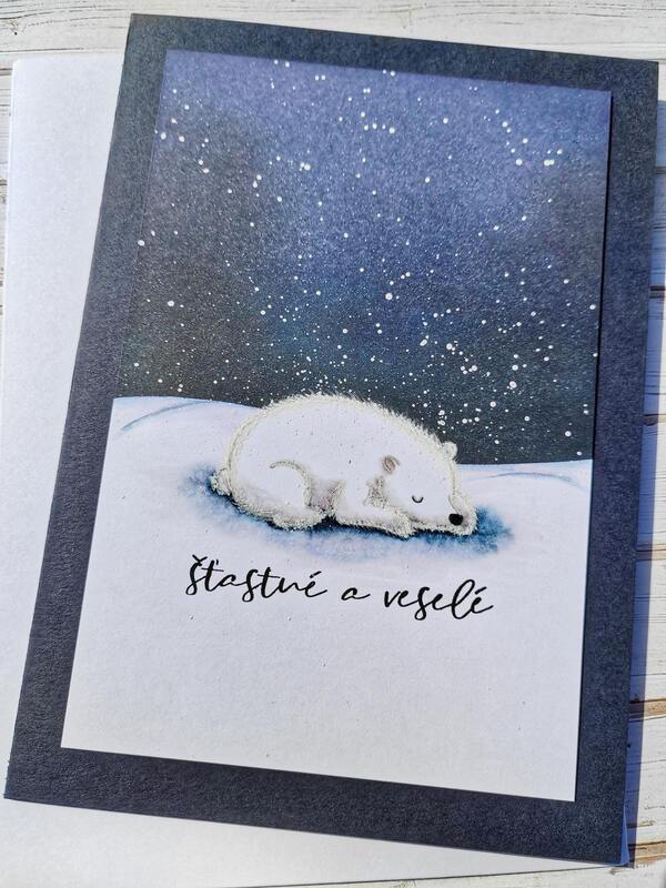Přání ruční výroba - Lední medvěd spí - Šťastné a veselé - 1 ks