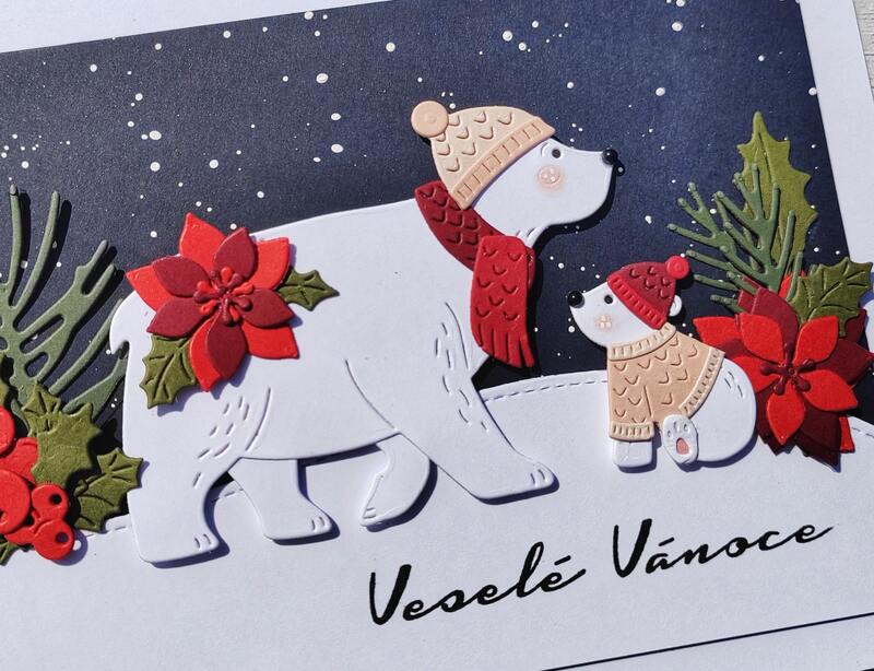 Přání ruční výroba - Lední medvědi a Vánoční hvězda - 1 ks