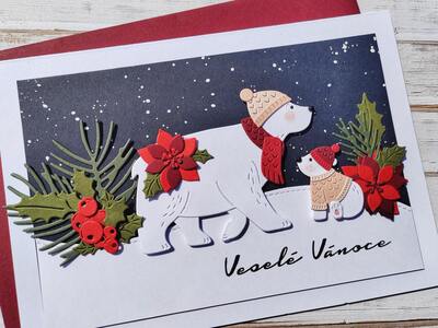 Přání ruční výroba - Lední medvědi a Vánoční hvězda - 1 ks