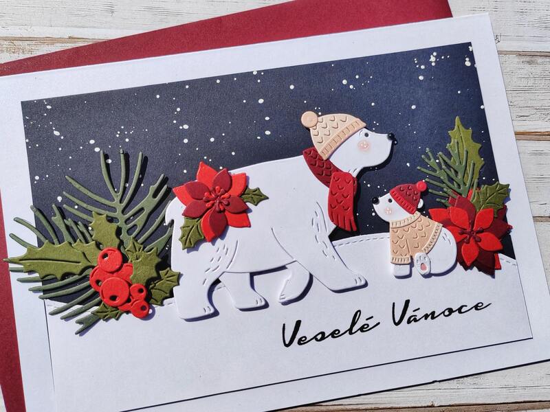 Přání ruční výroba - Lední medvědi a Vánoční hvězda - 1 ks