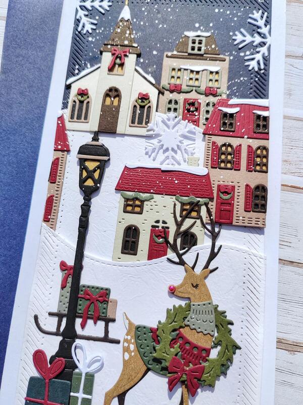 Přání ruční výroba - Zimní městečko a jelen - 1 ks