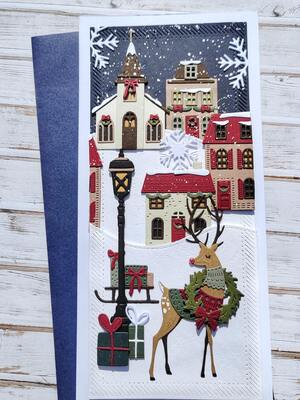Přání ruční výroba - Zimní městečko a jelen - 1 ks