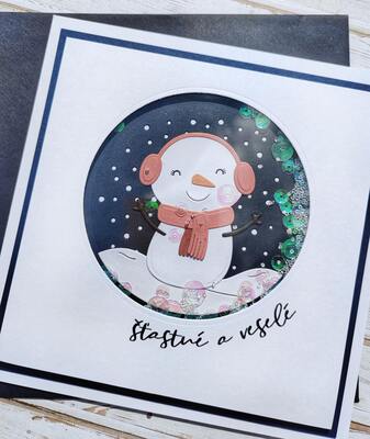 Přání ruční výroba - Sněhulák - Shaker s flitry - 1 ks