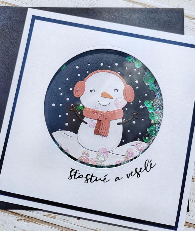 Přání ruční výroba - Sněhulák - Shaker s flitry - 1 ks