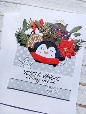 Přání ruční výroba - Vánoce v obálce - Tučňák - 1 ks