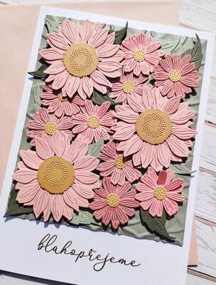 Přání ruční výroba - Růžové pastelové květiny - 1 ks