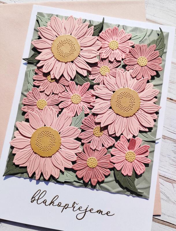 Přání ruční výroba - Růžové pastelové květiny - 1 ks