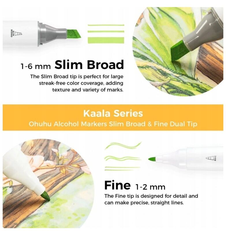 Alkoholové fixy OHUHU oboustranné Fine & Slim Broad 108 ks + blender - sada 108 ks