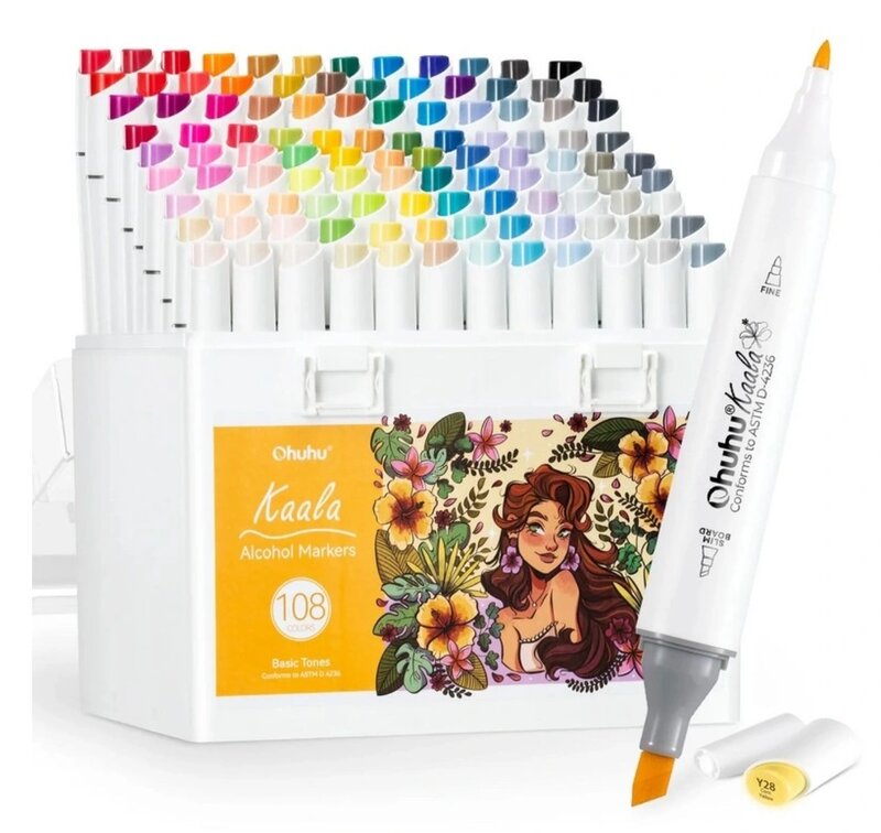 Alkoholové fixy OHUHU oboustranné Fine & Slim Broad 108 ks + blender - sada 108 ks