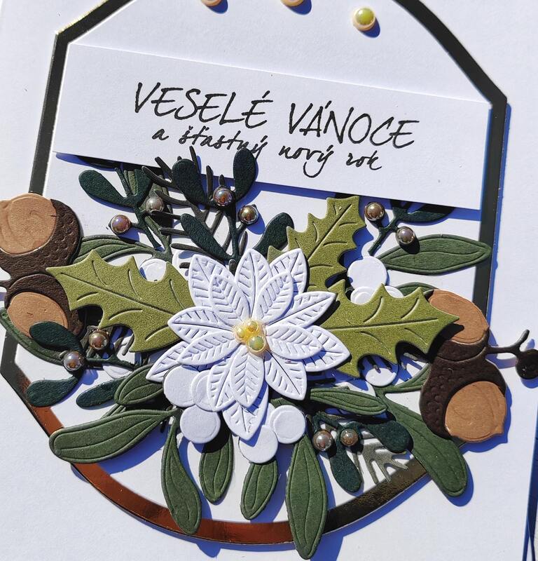 Přání ruční výroba - Vánoční hvězda bílá - zlatý rámeček - 1 ks