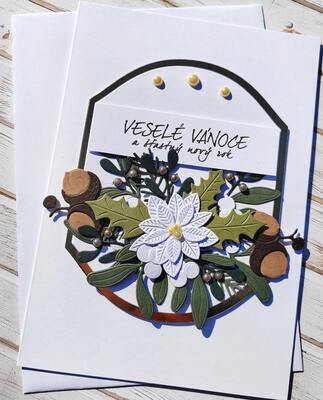 Přání ruční výroba - Vánoční hvězda bílá - zlatý rámeček - 1 ks