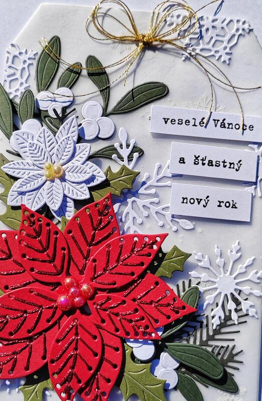 Přání ruční výroba - Vánoční hvězdy - zlatá mašlička - 1 ks