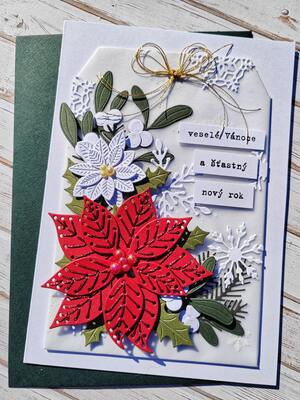 Přání ruční výroba - Vánoční hvězdy - zlatá mašlička - 1 ks