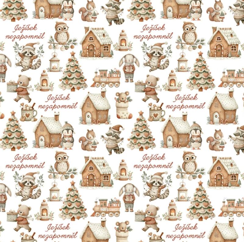 Vánoční balicí papír 70 x 100 cm - 115 g/m2 - Zvířátka a perníkové chaloupky - 1 arch