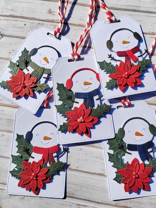 Visačky Sněhulák s cesmínou - 10,5 x 6 cm - sada 5 ks - sada 5 ks