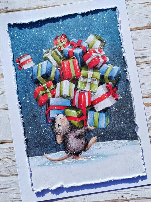 Přání ruční výroba - Myška s dárky - 1 ks