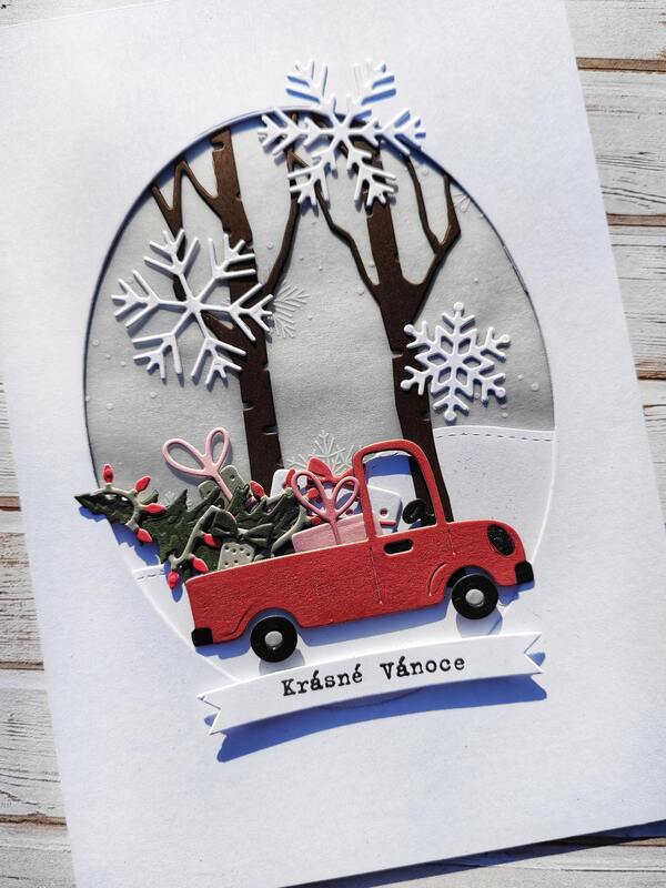 Přání ruční výroba - Auto s dárky v lese - 1 ks