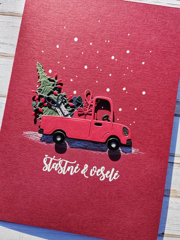 Přání ruční výroba - Auto s dárky - vínový podklad - 1 ks