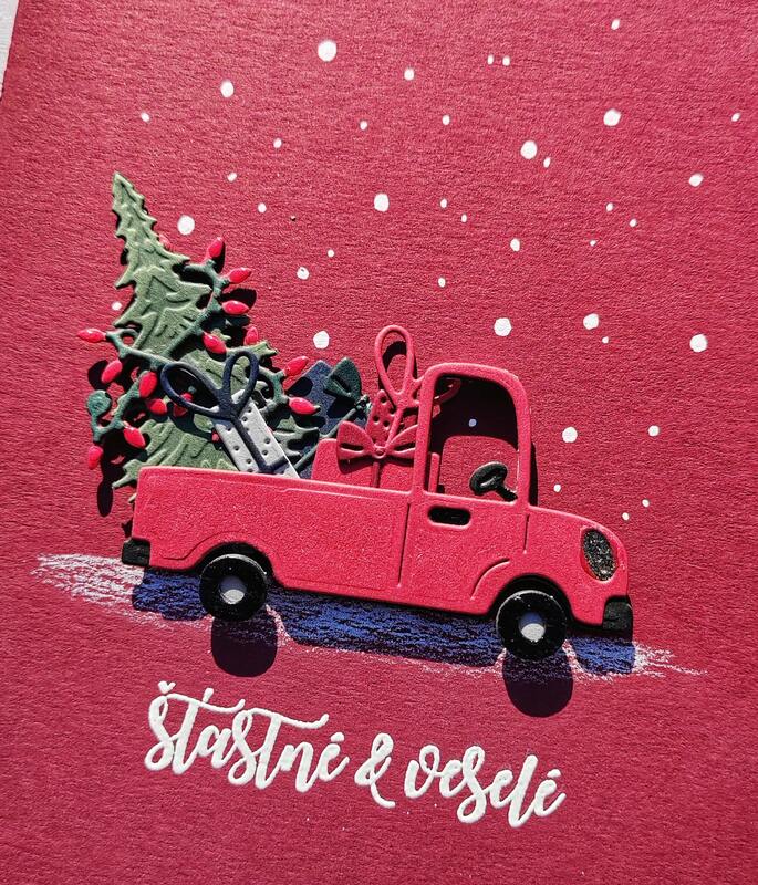 Přání ruční výroba - Auto s dárky - vínový podklad - 1 ks