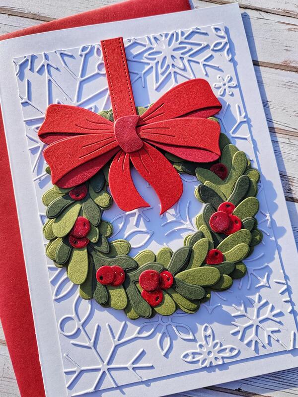 Přání ruční výroba - Vánoční věnec s červenou mašlí - 1 ks