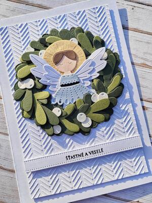 Přání ruční výroba - Vánoční věnec s andělem - 1 ks