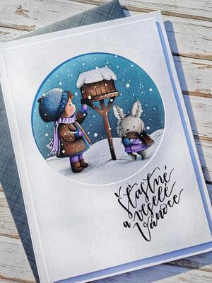 Přání ruční výroba - Holčička u krmítka - 1 ks