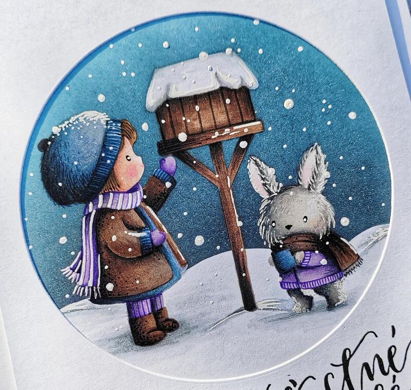 Přání ruční výroba - Holčička u krmítka - 1 ks