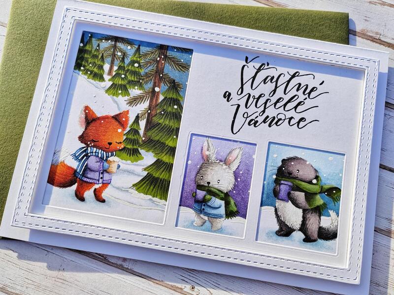 Přání ruční výroba - Zvířátka v lese s horkou čokoládou - 1 ks