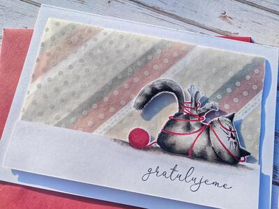 Přání ruční výroba - Kočička s klubíčkem - 1 ks