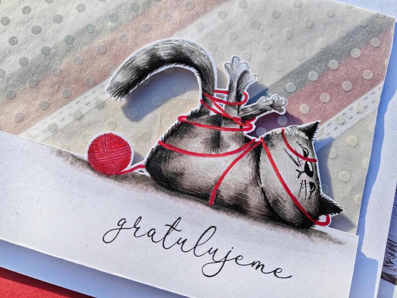 Přání ruční výroba - Kočička s klubíčkem - 1 ks