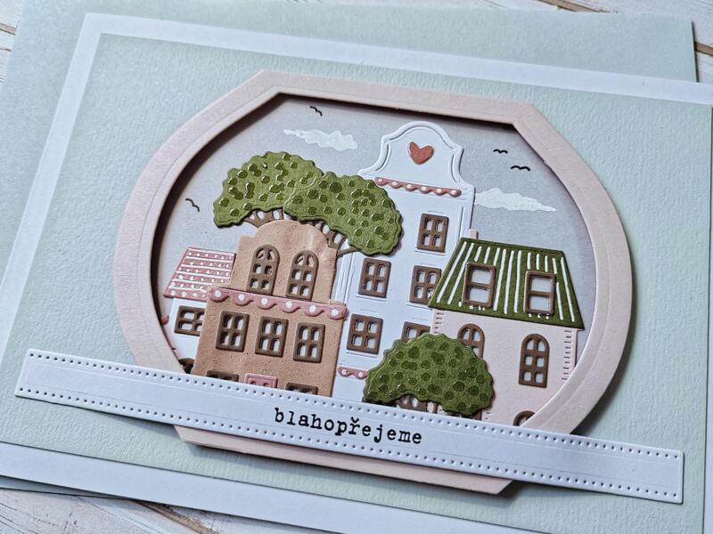 Přání ruční výroba - Městečko - pastelové barvy - 1 ks