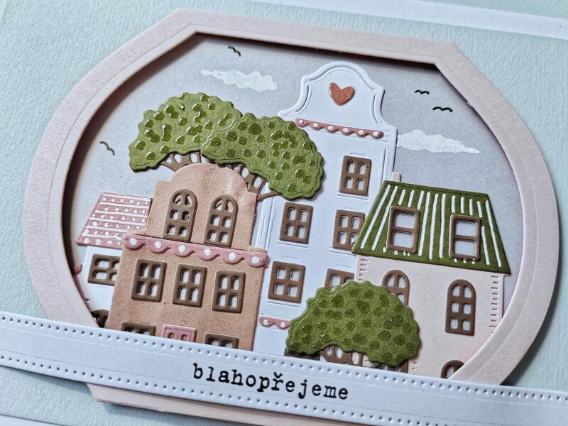 Přání ruční výroba - Městečko - pastelové barvy - 1 ks