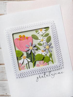 Přání ruční výroba - Květiny v bílém rámečku - 1 ks