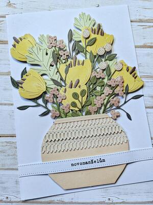 Přání ruční výroba - Květiny ve váze 2 - 1 ks